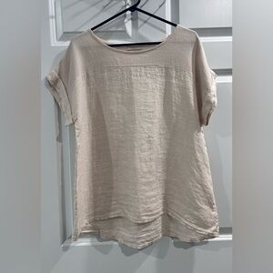 Bellambia 100% Linen Tunic Blouse Size L Flowy Cottagecore Cotton Trim Lagenlook